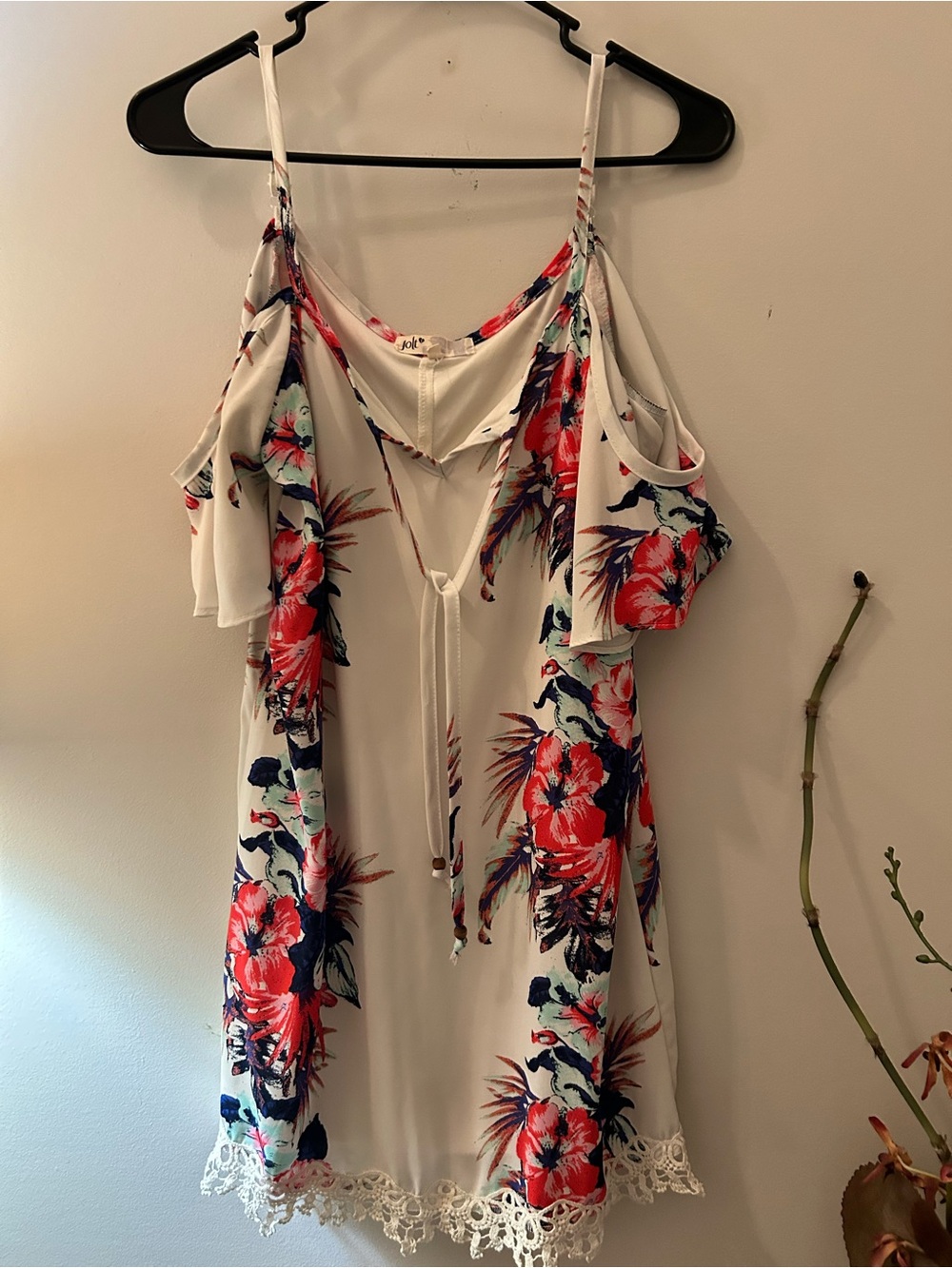 Jolt White Floral Cold-Shoulder Swim Coverup with Red & Navy Print